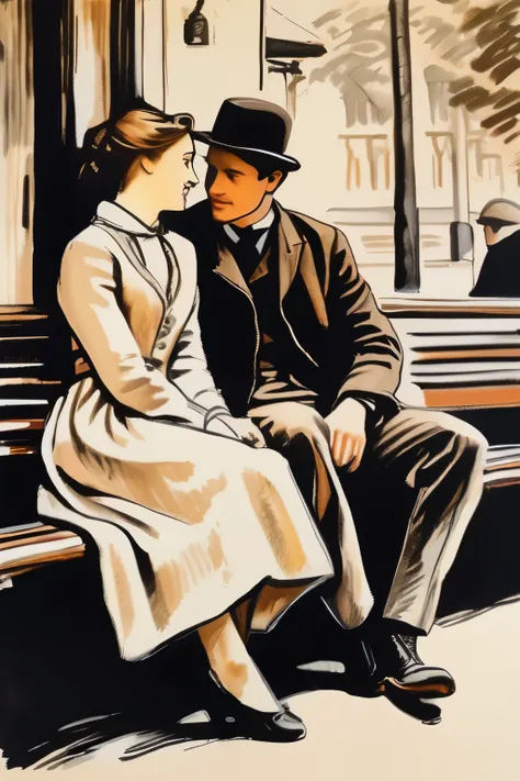 A hand drawn Victorian era portrait of a young woman in her late 20s and a young man in his late 20s sitting together on a bench and having a good time together, post impressionist style, minimalist brush work, prosaic style, beautifully shaded, black ink ...