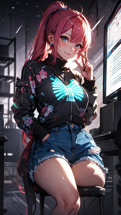 最high quality、best image quality、masterpiece、girl((20-year-old、 By becoming、vest bust、medium bust,wide open breast tea、shining eyes, neon hair、long hair、thin,highest valley、ponytail、Damaged Denim Shorts、black navel shirt、Damaged Denim Jacket、smile、full bod...