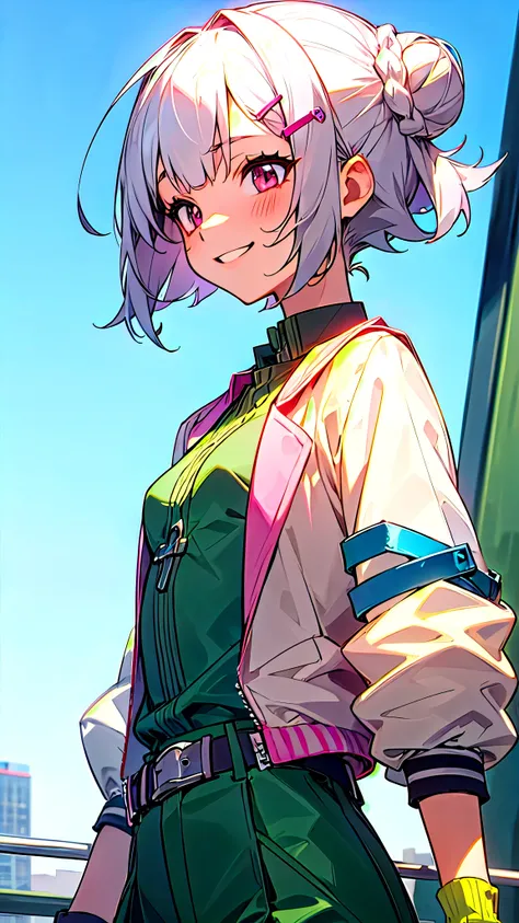 １girl、small breasts、Short hairstyles for silver hair and bob、Hair tied up in a bun with a hair clip、Shining pink round eyes、grin、green jacket, belt, green pants, fingerless gloves, cross-laced boots, From the side, blue sky 、upper body close-up、rooftop gar...