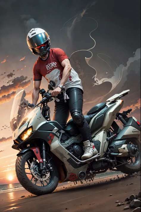 man raiding helmet full face, graphic t-shirt design artwork, flat design of a retro vintage, beach, colorful tones, highly detailed clean, vector image, photorealistic masterpiece, professional photography, realistic motorcycle, simple sunrise backdrop fo...