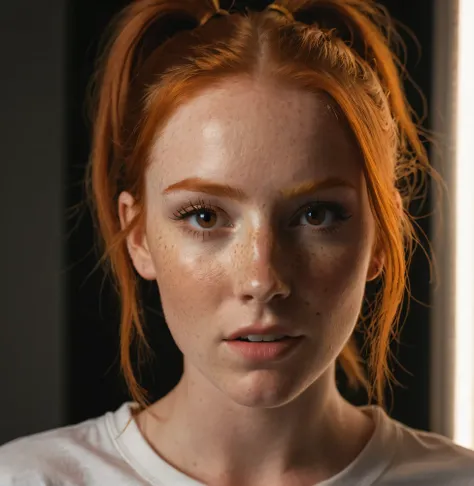 photo,8k,sharp focus,beautiful woman,close up,t-shirt,(detailed eyes:0.8),(looking at the camera:1.4),(highest quality),(best eyeshadow),brown eyes,rim lighting,two tone lighting,dimly lit,low key,intricate details,interior,ponytails,ginger hair:1.3,open m...