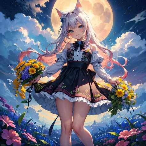 highest quality、flower garden、colorful、bouquet、cute kemomimi、moonlight