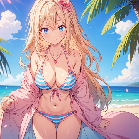 1 girl, alone, chest, blonde hair, long hair, cleavage, shirt, striped, swimsuit, bikini, bow, looking at the viewer, hair bow, striped bikini, white shirt, necklace, blue eyes, jewelry, dress shirt, front tie top, pink bow, bangs, blush, off shoulder, lon...