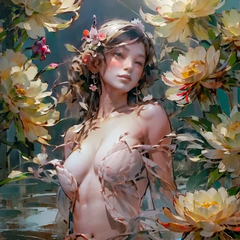 ((Create), (female naked body, fantastic space), (flowers, chrysanthemum lilies, peonies, 1 full-length solo girl, beautiful breasts), (girl, bare shoulders, (ecchi0.5), lips, splash of water, (Flowers:0.6), (birds:0.2), (bamboo0.1), (lakes), (very beautif...