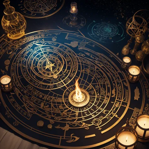 円形のmagic陣の接写, intricate wiccan spectrum, オカルト美学alchemy, Summoning array, geometry and astrology, an alchemy art illustration, mystic alchemy occult art, astrology, magic, circle of old women, magic symbols, nocturnal spiritual scene, More on complex Wiccan...