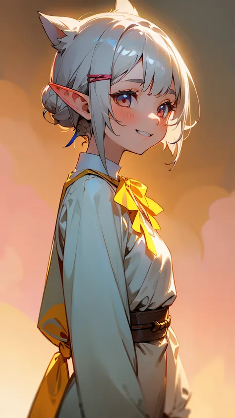 １girl、small breasts、angelic face, goblin, elf ears hair, Short hairstyles for silver hair and bob、Hair tied up in a bun with a hair clip、Shining pink round eyes, cute, yellow peasant tunic, Medieval, Medieval city background, bust portrait neck up, grin、Fr...