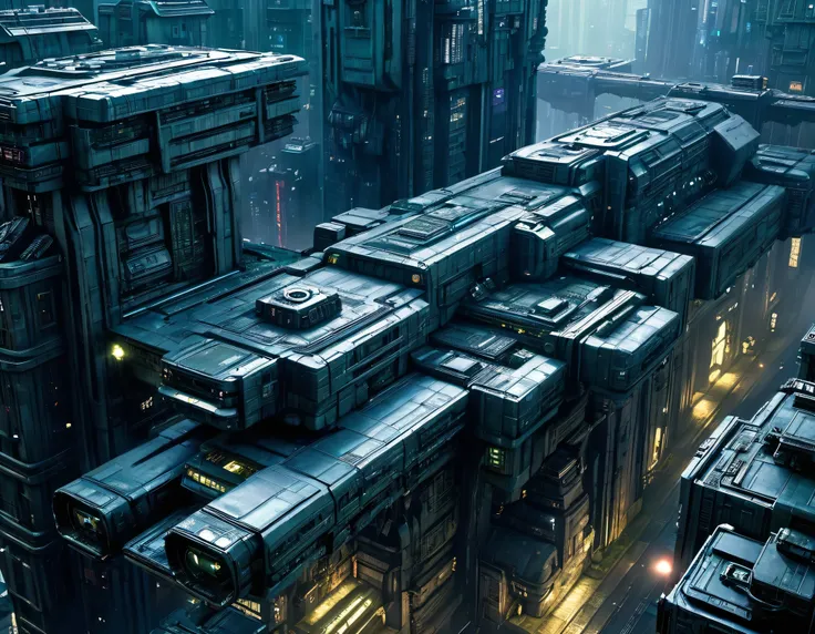 imagen de blade runner donde se aprecia el edificio tyrell corporation , calles adyacentes y pistas de naves- coches volando, en ambiente cyberpunk y futurista, obra maestra , detalles intrincados de la maquina , 8k.