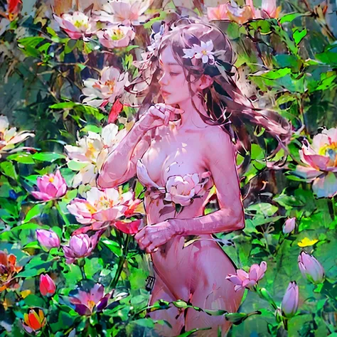 ((Create), (female naked body, fantastic space), (flowers, chrysanthemum lilies, peonies, 1 full-length solo girl, beautiful breasts), (girl, bare shoulders, (ecchi0.5), lips, splash of water, (Flowers: 0.6), (birds: 0.2), (lake), (very beautiful, naked gi...