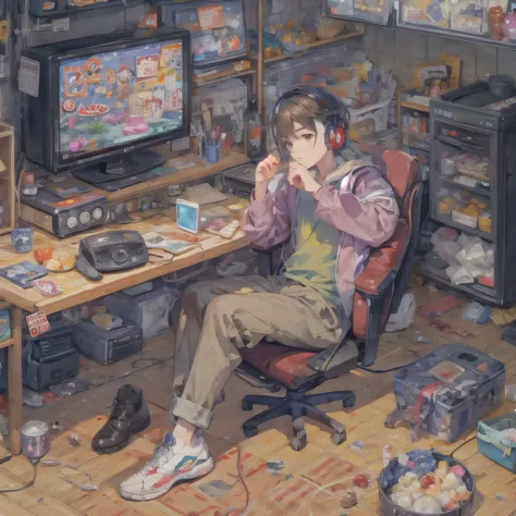 pixel art, fishbowl, fishbowl속 물고기, It&#39;s crowded with TVs and miscellaneous things.., a man sitting on trash, An entertainment program is playing on TV.., container, fishbowl을 바라보는 고양이, Handsome man, wear a headset, precise hand