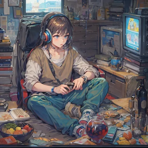 pixel art, fishbowl, fishbowl속 물고기, It&#39;s crowded with TVs and miscellaneous things.., a man sitting on trash, An entertainment program is playing on TV.., container, fishbowl을 바라보는 고양이, Handsome man, wear a headset, precise hand