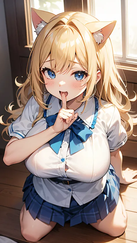 wavy blonde hair、white ruffle blouse、Blue Check Pleated Skirt、(Cat ear)、big breasts、open your mouth and smile、full body shot