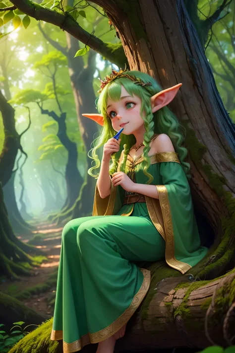 A mischievous little goblin has climbed up to a branch of an ancient tree in the enchanted forest, its emerald green skin gleaming in the soft moonlight. The goblins grin is mischievous and wide, displaying tiny sharp teeth, while its beady eyes twinkle wi...