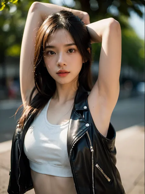 (8k、RAW Photos、top-quality、​masterpiece:1.2)、(realistic Photo-realsitic:1.37)、1girl in、japanese, 18-years old, face lights, Detailed face、Detailed lips, (wearing a black faux leather jacket over silver sports bra:1.5), (exposed right shoulder and armpit :1...