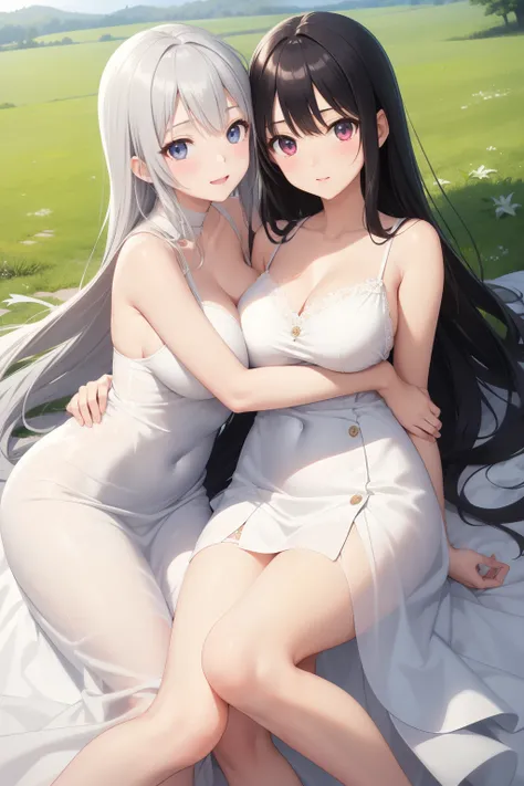 big breasts:1.2、、highest quality、very detailed、Very realistic eye masterpiece、highest quality、very detailed、gray hair、perfect face、long hair、white dress、sundress、lily、two girls、anime、countryside、hug each other、lie down