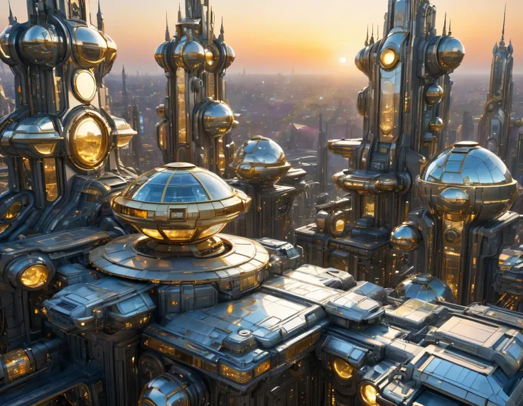 (golden hour lighting), megacity, megalopolis of an imaginary world of science fiction , parecido a una disneylandia futurista, and maximum fantasy, con inmensos edificios y rascacielos ovalados y dodecaedricos agrupados de metal y cristal donde predomina ...