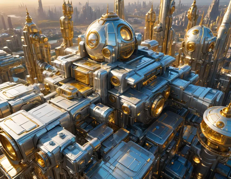 (golden hour lighting), megacity, megalopolis of an imaginary world of science fiction , parecido a una disneylandia futurista, and maximum fantasy, con inmensos edificios y rascacielos ovalados y dodecaedricos agrupados de metal y cristal donde predomina ...