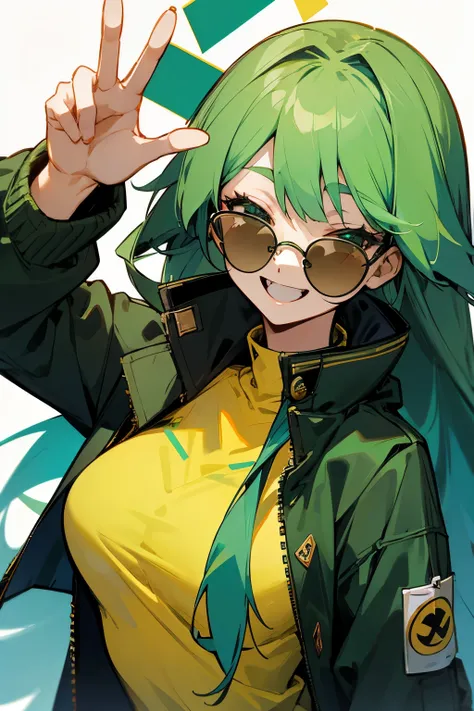 green haired woman、long hair、laughing、doing the peace sign、wearing a jacket、wearing sunglasses