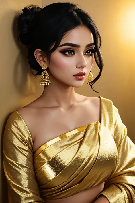 Sexy woman, black hair tied in a bun, smokey eyes, eyeliner, blushing intensely, fairest skin, plump face, soft lips, gold blouse, white saree with gold borders, pinned against a wall