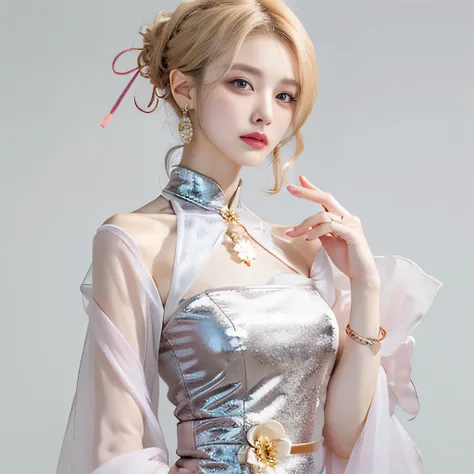 （8k）、（best image quality:1.5）、gray background、close up of face、１girl、masterpiece、delicate and sharp eyes、brown eyes、eye power、delicate face、cup、fascinating face、platinum blonde hair、Semi-long wave、chinese cheongsam、white cheongsam、Chinese dress that shows ...