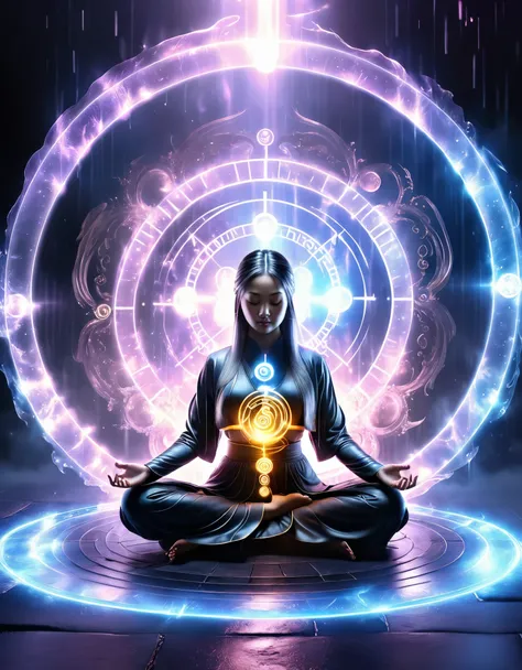 magic circle,best quality,4k,8k,highres,masterpiece:1.2,ultra-detailed,realistic,acrylic style,tai chi, yin yang, eight trigrams,3d rendering,Transparent female Taoist priest doing yoga and meditating,Light and shadow photography,background:An unusual amou...
