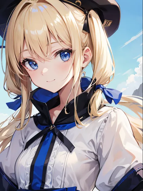 close up of face，Futaode，fuck country, delicate face, smile, looking at camera, highest quality, 8k、blonde blue eyes、 girl、small breasts、twin tails