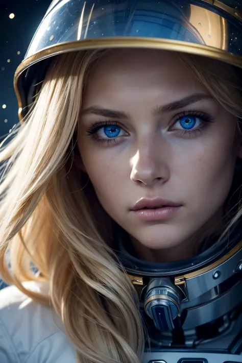 RAW, Best quality, high resolution, Masterpiece: 1.3),
Close-up of a beautiful womans scared face in a space suit,
Long blonde hair floating around her,
Beautiful blue eyes wide with fear,
Dramatic composition in the vastness of outer space,
Masterpiece, R...