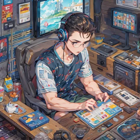 pixel art, fishbowl, fishbowl속 물고기, It&#39;s crowded with TVs and miscellaneous things.., a man sitting on trash, An entertainment program is playing on TV.., container, fishbowl을 바라보는 고양이, Handsome man, wear a headset, precise hand