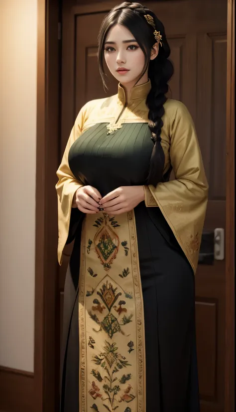 1girl, huge breast, black hair, green eyes,high quality, ultra detailed, masterpiece, realistic, gamis clothes,braid,standing