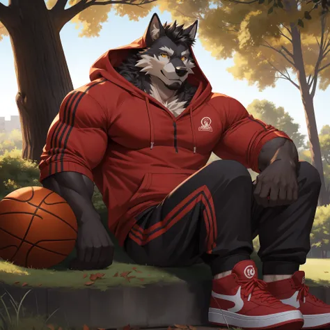 hairy,Black Haired Wolf,yellow eyes(Realistic eye details),Have muscles(Perfect muscle details),perfect anatomy,Handsome and handsome face,Resting comfortably under a tree，Wearing a red hooded sweatshirt，black sweatpants，Wearing white socks and basketball ...