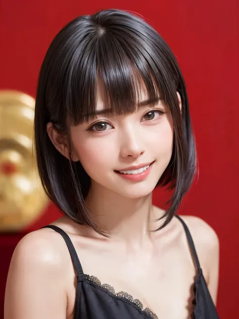 (table top, highest quality、ultra high resolution、face focus focus、focus on the sides、navel focus、decolletage focus、very attractive beauty、Adds intense highlights to the eyes、look closely at the camera:1.4、Absolutely beautiful bangs:1.4、Brunette short bob ...