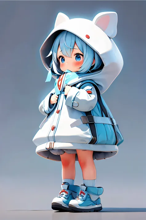 1girl,bag,blue eyes,long sleeves,white background,blush,coat,bangs,standing,blue hair,white footwear,hood,white hair,socks,scarf...