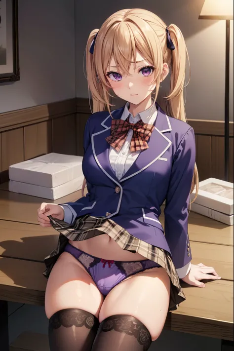 Elinakiri, it has at least, lift up the skirt、blonde hair, (medium breasts:1.2), (purple eyes:1.2), break skirt, Thighhighs, bow, red bow, school uniform, Jacket, pleated skirt, black Thighhighs, zettai ryouiki, plaid, plaid skirt, blazer, break looking at...