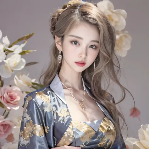 （8k）、（best image quality:1.5）、gray background、close up of face、１girl、masterpiece、delicate and sharp eyes、brown eyes、eye power、delicate face、cup、fascinating face、platinum blonde hair、Semi-long wave、chinese cheongsam、white cheongsam、Chinese dress that shows ...