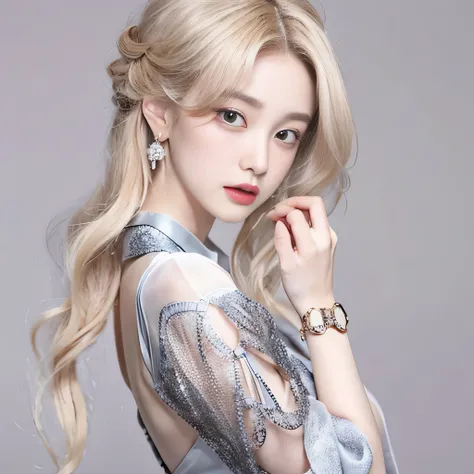 （8k）、（best image quality:1.5）、gray background、close up of face、１girl、masterpiece、delicate and sharp eyes、brown eyes、eye power、delicate face、cup、fascinating face、platinum blonde hair、Semi-long wave、chinese cheongsam、white cheongsam、Chinese dress that shows ...