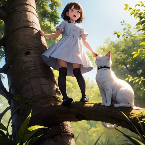 (masterpiece), best quality, An image of a brave girl standing at the top of a tall tree, carefully descending to a cute fluffy kitten who is stuck and meowing in despair