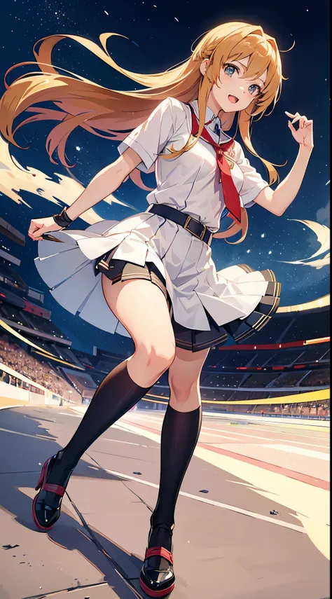 Asuna from Sword Art Online wearing a school uniform and high heels while playing football