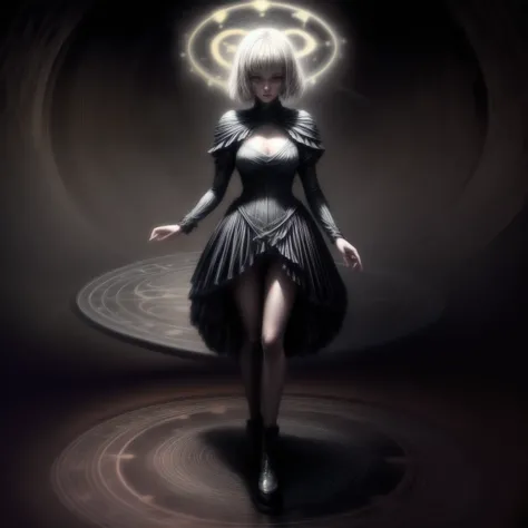 A female magician standing on a (luminous Magic Circle:1.5), Inside the ruins at night, full body image