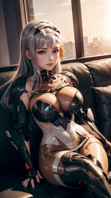 (((beautiful))), modernia, mecha, lower body mecha armor, bodysuit, shoulder pads, red eyes, huge breasts,(((shiny skin))), ((intricate details)), hdr, ((intricate details, hyperdetailed)), cinematic shot, (((sitting in sofa, holding coffee cup))), vignett...