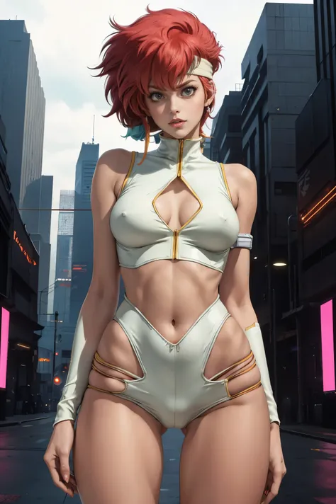 Very skinny Kei from The Dirty Pair, emaciated, wearing a tight yellow outfit, skinny frame, skinny legs, medium breast, red hair beauty, cyberpunk city background, holding retro space-gun, headband, slim waist, very slim thighs, very skinny thighs, very t...