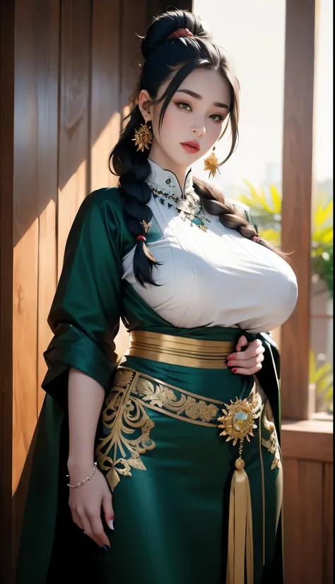 1girl, huge breast, black hair, green eyes,high quality, ultra detailed, masterpiece, realistic, gamis clothes,braid,standing