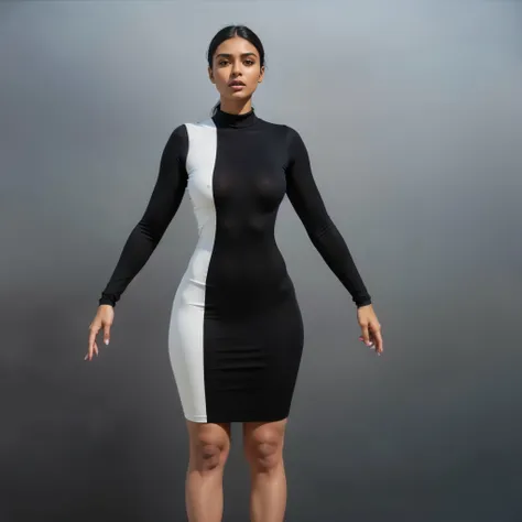 ((Beautiful brown girl, (KIKI Layne), Kylie Jenner, Maitreyi Ramakrishnan, Jessica Alba, 18 years)), big round breasts, big hips, beautiful soft thighs, beautiful legs, wearing black and white cotton-Lycra tight turtleneck long-sleeved dress, Vibrant, vivi...