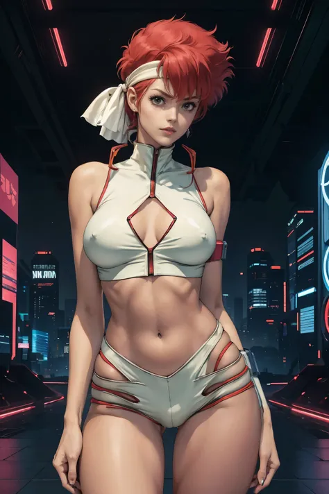 Very skinny Kei from The Dirty Pair, emaciated, wearing a tight yellow outfit, skinny frame, skinny legs, medium breast, red hair beauty, cyberpunk city background, holding retro space-gun, headband, slim waist, very slim thighs, very skinny thighs, very t...