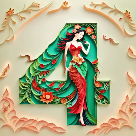 full body, solo,Light Green background,(1 Beautiful girl Models ,Stand, red Peony,Evening dress,high heels),(Oriental elements, Chinese color,Very colorful),(number art, paper art,layered paper art,paper quilling,paper-cut,paper sculpture)