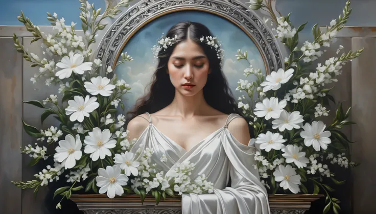 A hauntingly beautiful oil painting of a shoulder adorned with delicate white flowers on a majestic metal altar