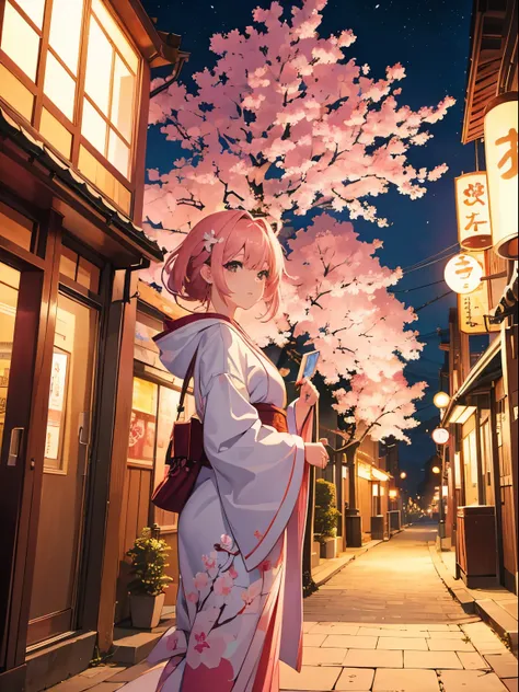 (best quality,4k,highres),anime cityscape,beautiful detailed sakura tree in the foreground,street light at dusk,gorgeous Tokyo anime scene,anime background