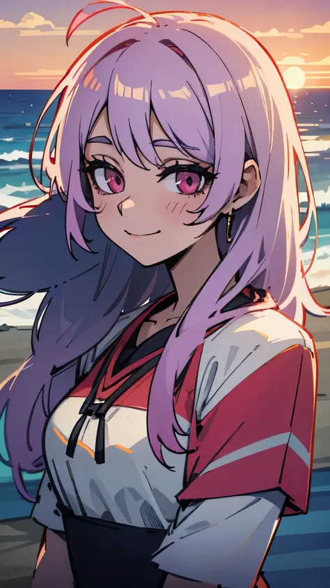 beach，seaside，Sunset，8 color hair，pink eyes，Smile