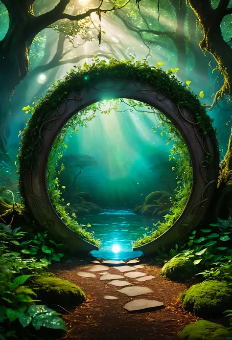 In the depths of an enchanted forest, a mysterious magic circle glows with an otherworldly light, inviting the viewer to step through and explore the wonders of a fantastical realm teeming with mythical creatures and hidden treasures. Create a realistic an...