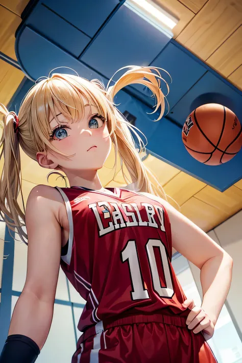 basketball uniform、Beautiful Girl Magician、blonde twintails、((whole body))、(((photo taken from below)))、Gym