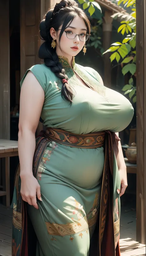 1girl, huge breast, black hair, green eyes,high quality, ultra detailed, masterpiece, realistic, gamis clothes,braid,standing, slightly fat arms , slightly fat belly 