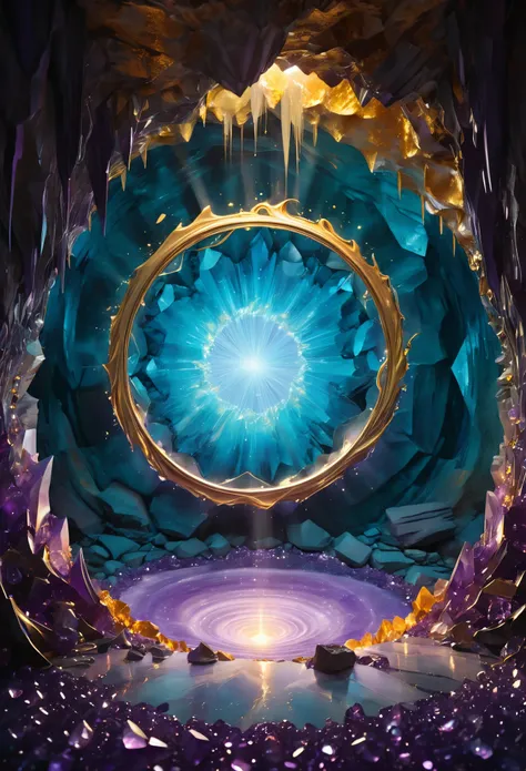 In a realistic and detailed depiction, illustrate a magic circle in the heart of a crystal cave, serving as a portal to another mystical realm. The crystal walls shimmer with an ethereal glow, refracting shards of light onto the surrounding cavern floor. T...